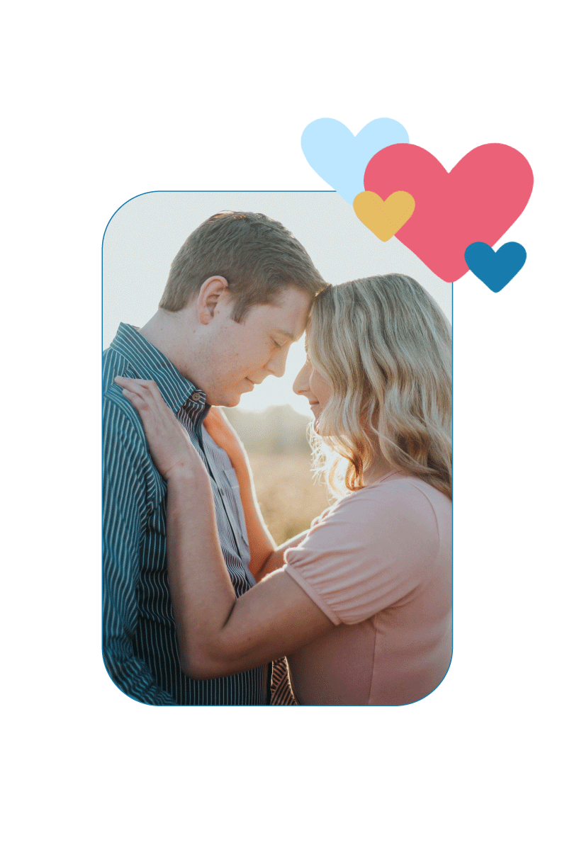 couple with foreheads together and hearts in the upper right hand corner